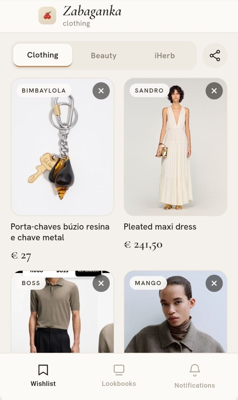 Zabaganka Mini App: a wishlist of saved items with prices and the Clothing, Beauty and iHerb sections