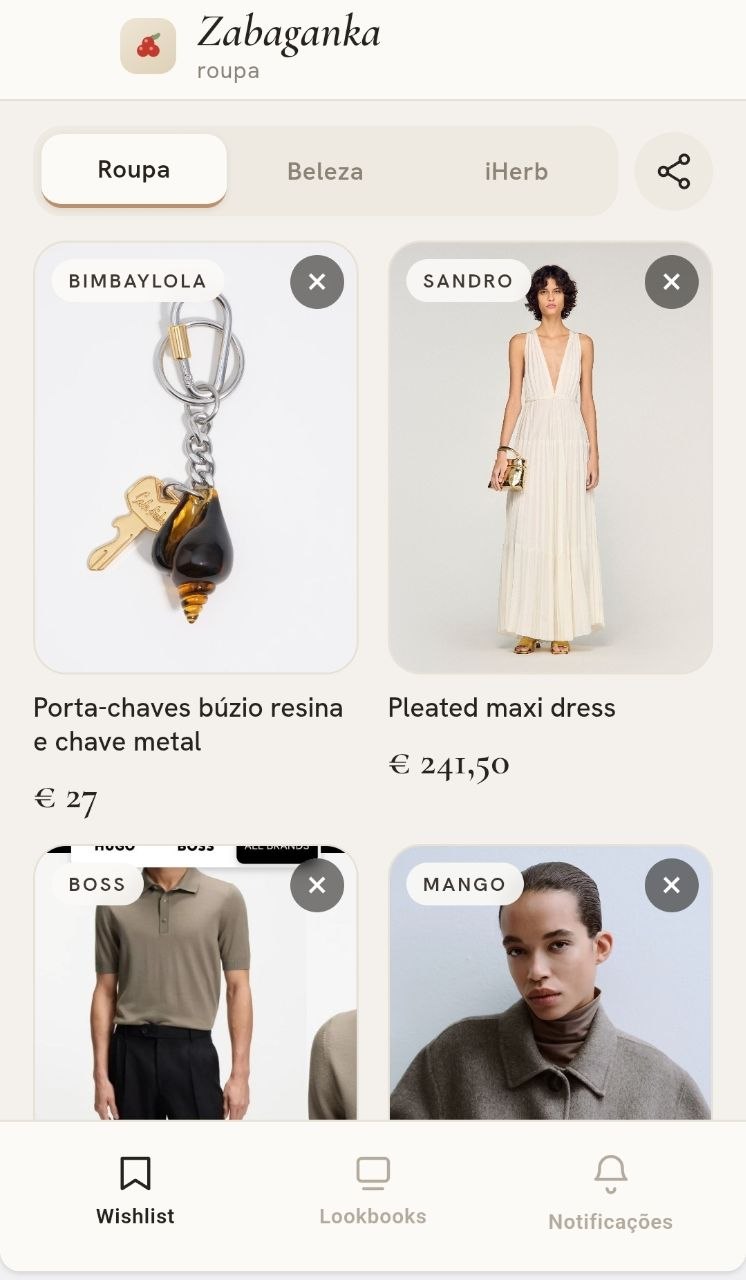 Mini App da Zabaganka: wishlist com artigos guardados, preços e as secções Roupa, Beleza e iHerb